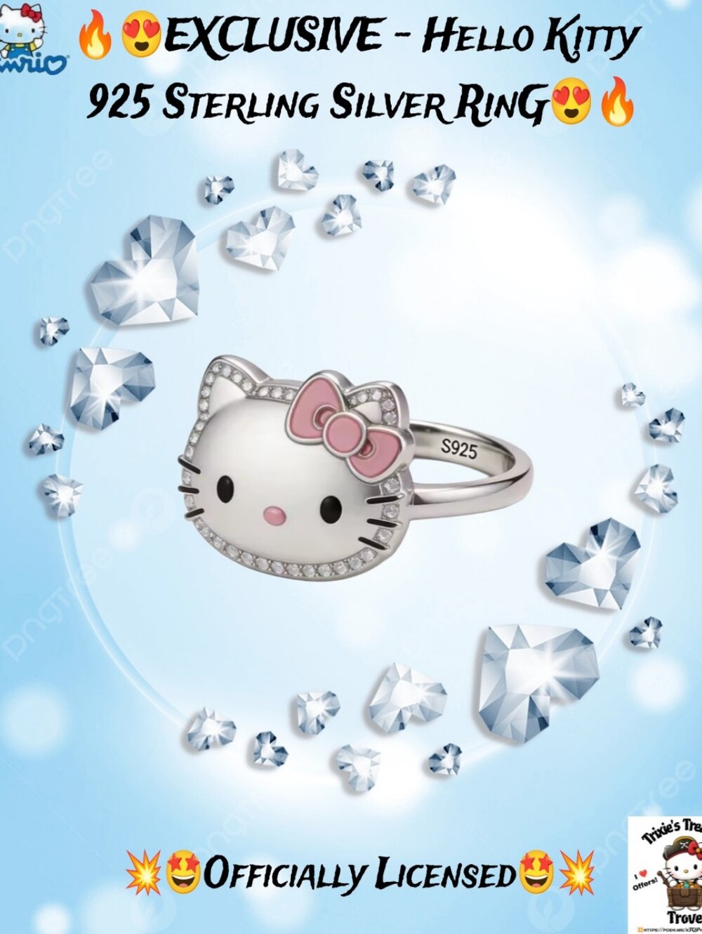 EXCLUSIVE - Hello Kitty Officially Licensed 925 Sterling Silver Ring - Size 8